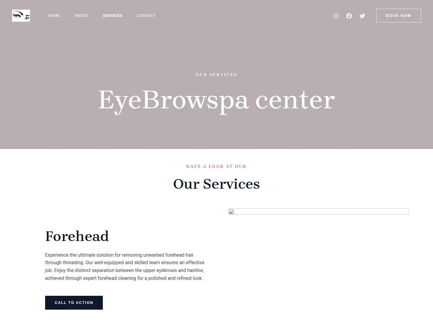 The old services page titled EyeBrowspa center, with a dark button reading CALL TO ACTION under the Forehead service