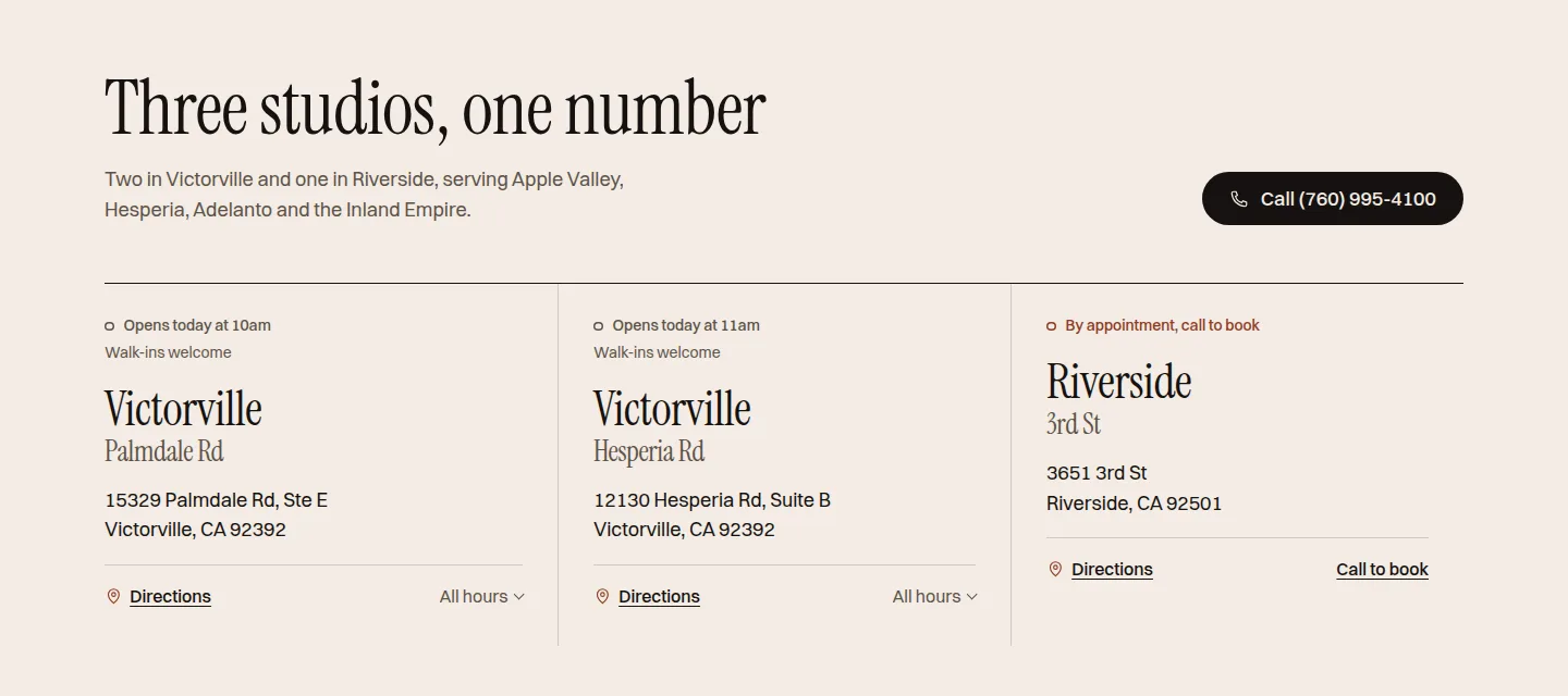 Three studio cards on the EyebrowSpa homepage showing opening status, address and directions