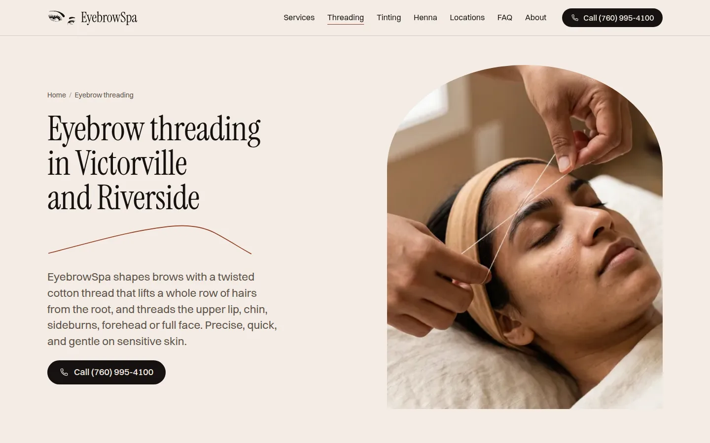 The eyebrow threading page on the new EyebrowSpa site