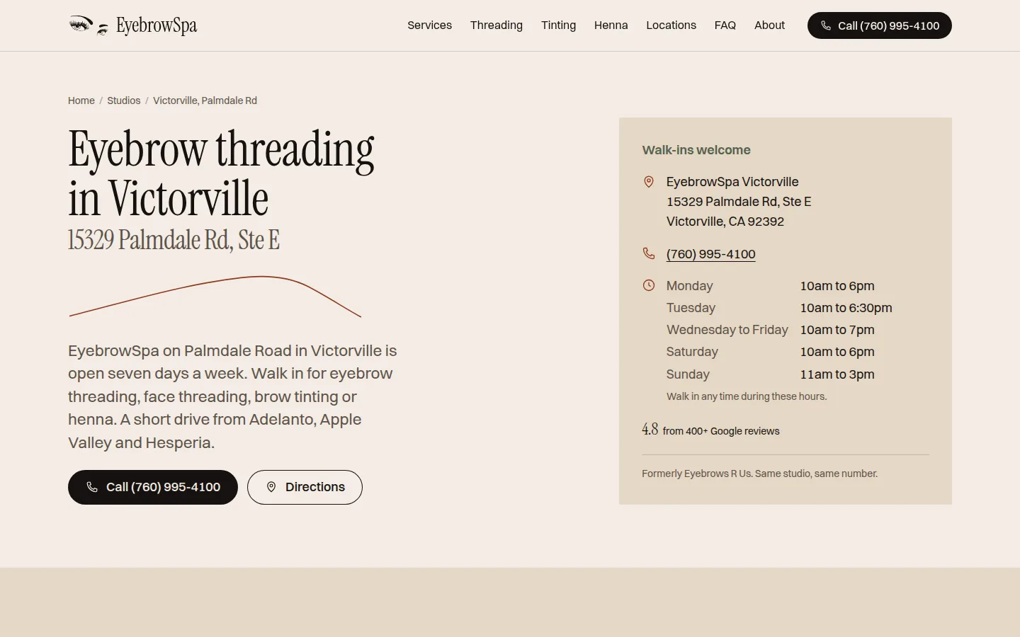 The Victorville Palmdale Rd studio page on the new EyebrowSpa site