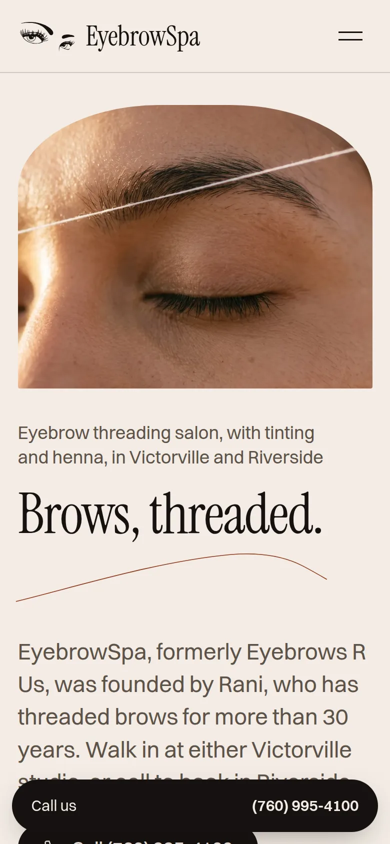 The new EyebrowSpa homepage on a phone