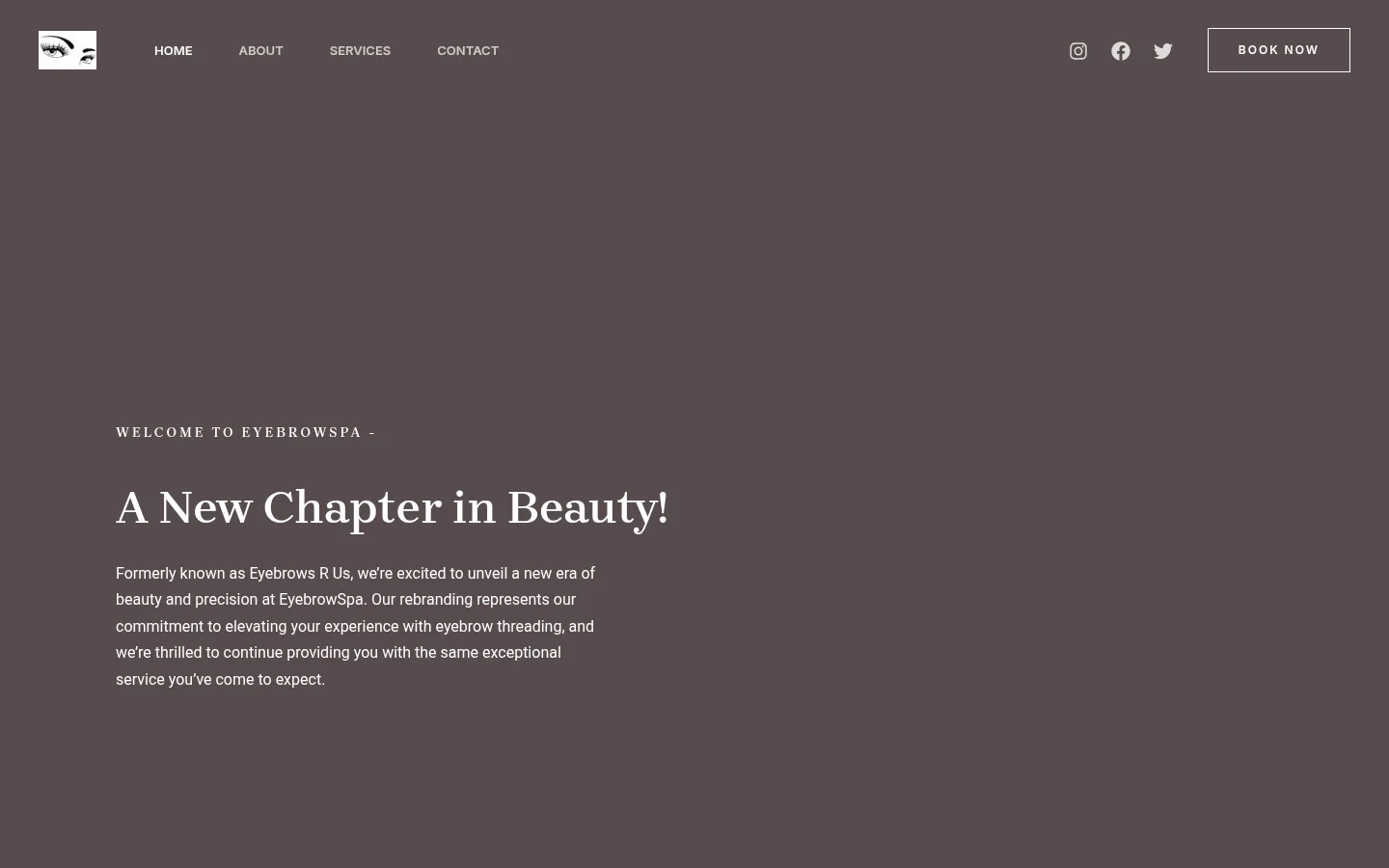 The old EyebrowSpa homepage, a WordPress massage spa template with a dark hero and a generic welcome headline