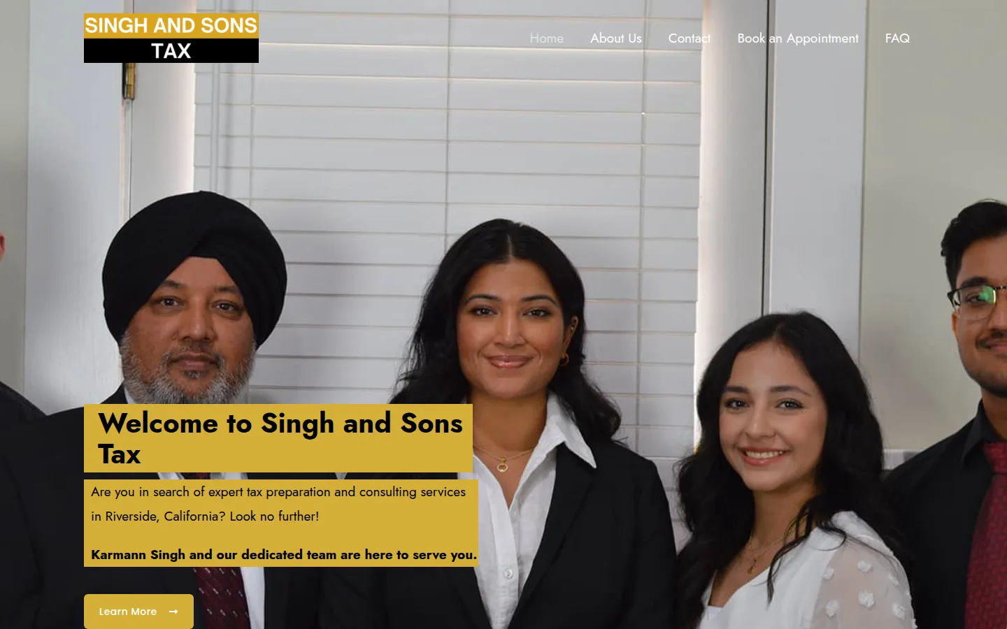 The old Singh and Sons Tax homepage on singhtaxhq.com, a WordPress site with a team photo and a generic welcome headline